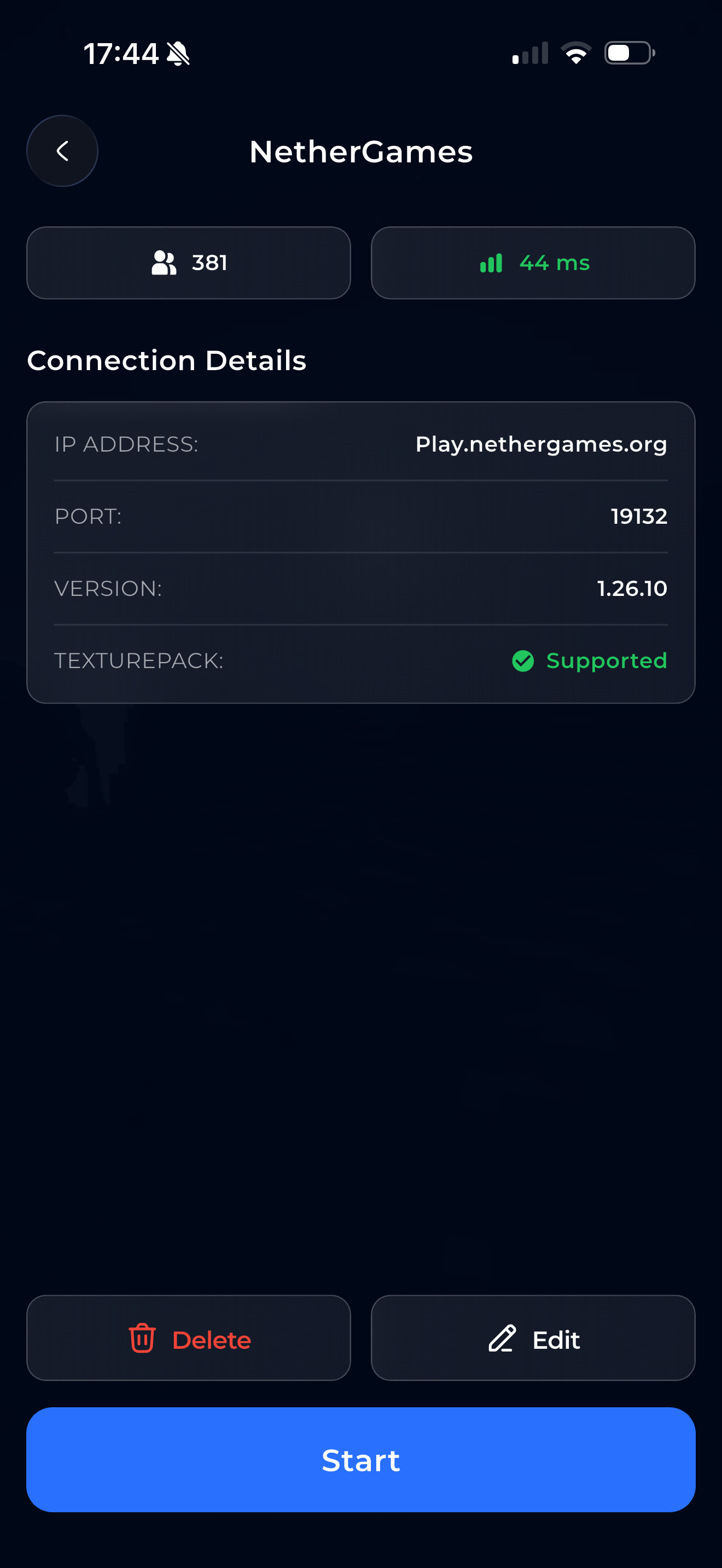 Server details with Start button